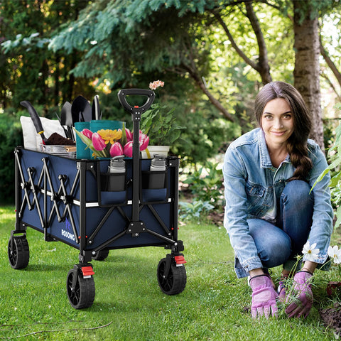ROSONG collapsible wagon navy blue full-load ready for groceries and gear.
