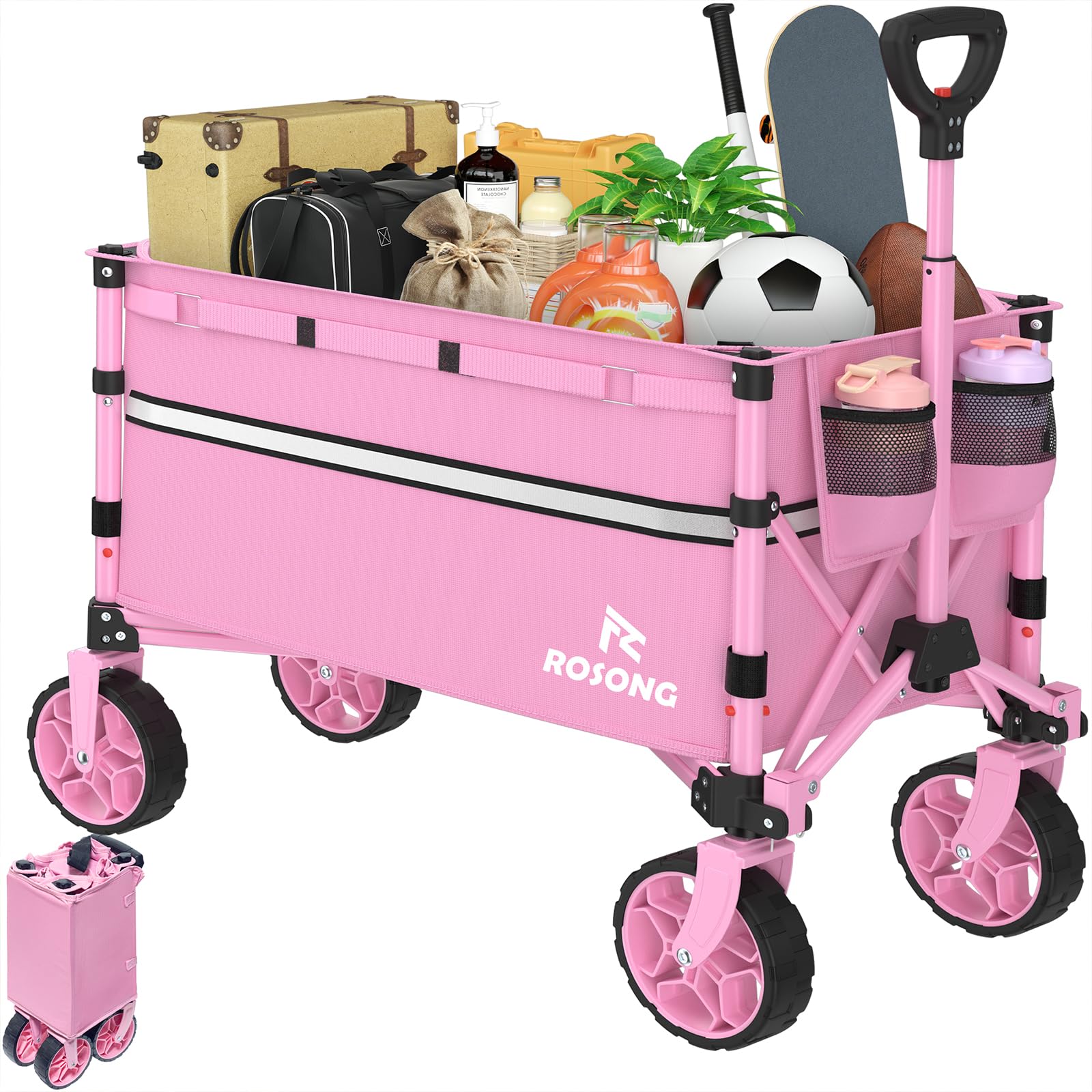 ROSONG collapsible pink wagon showing 120L capacity for groceries and gear transport.