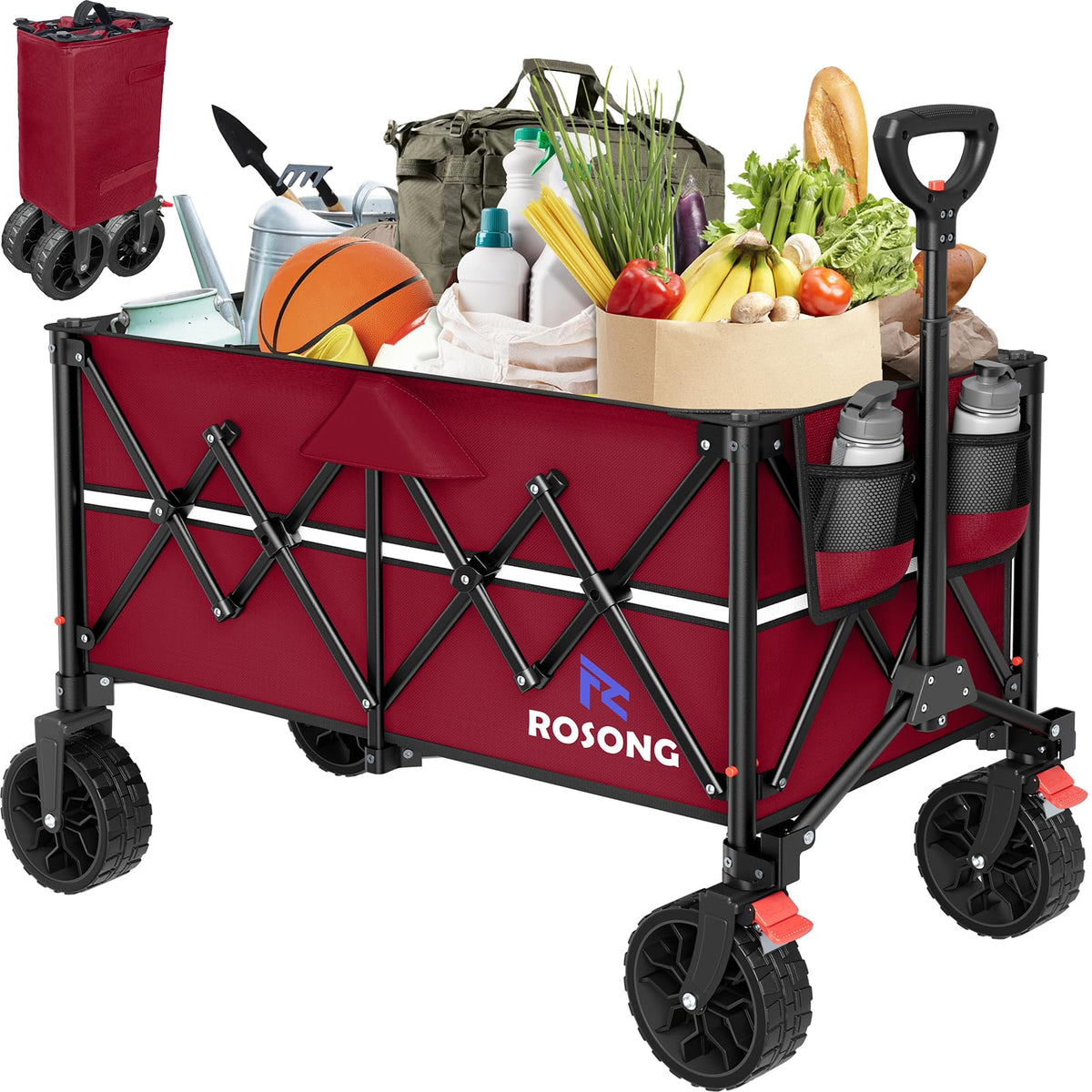 ROSONG collapsible wagon with wheels in burgundy showing 150L capacity for heavy loads.