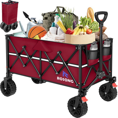 ROSONG collapsible wagon with wheels in burgundy showing 150L capacity for heavy loads.