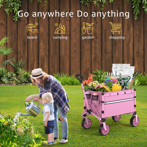 ROSONG folding wagon with wheels ready for camping trips and easy mobility.