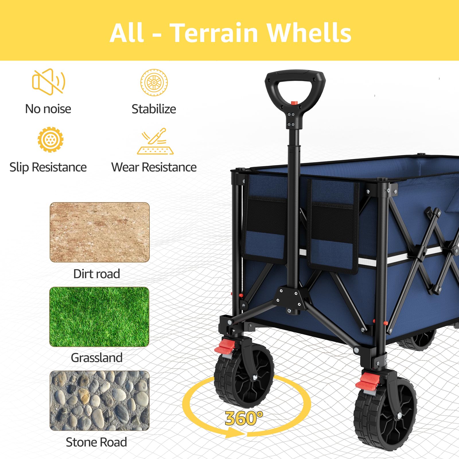 ROSONG collapsible wagon navy blue 360-degree front wheels ensure smooth maneuvering.