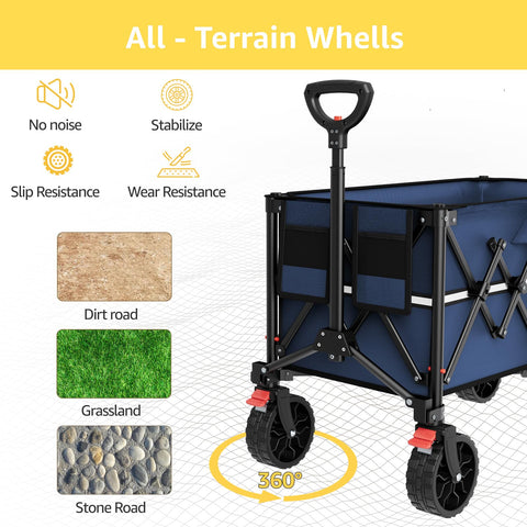 ROSONG collapsible wagon navy blue 360-degree front wheels ensure smooth maneuvering.