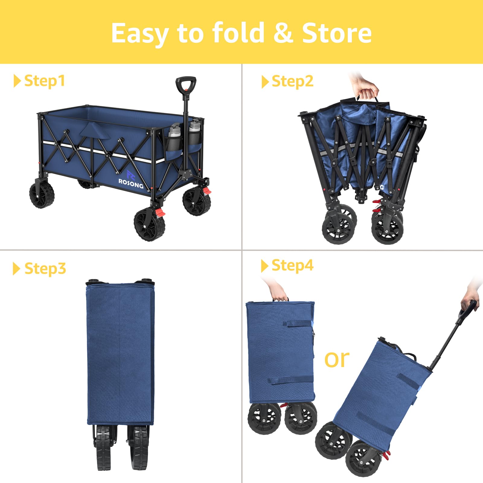 ROSONG collapsible wagon navy blue detachable wheels simplify cleaning and maintenance.