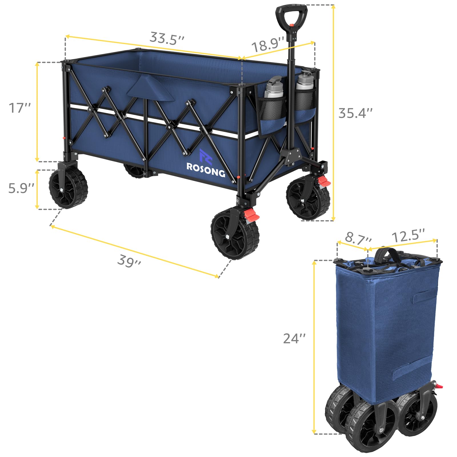 ROSONG collapsible wagon navy blue wear-resistant PU wheels tackle varied terrain.