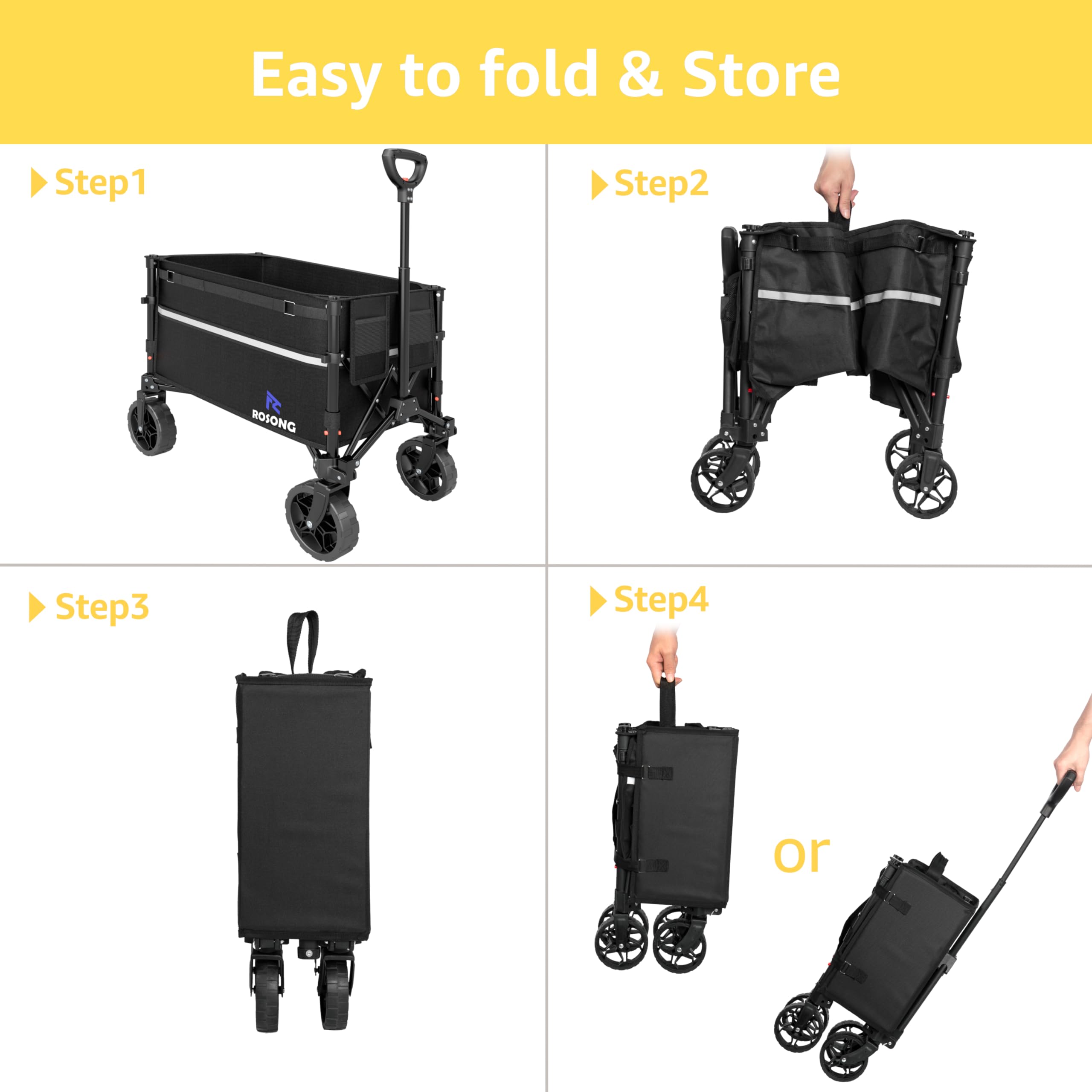 ROSONG wagon supports groceries, camping, and garden tasks on varied terrains.