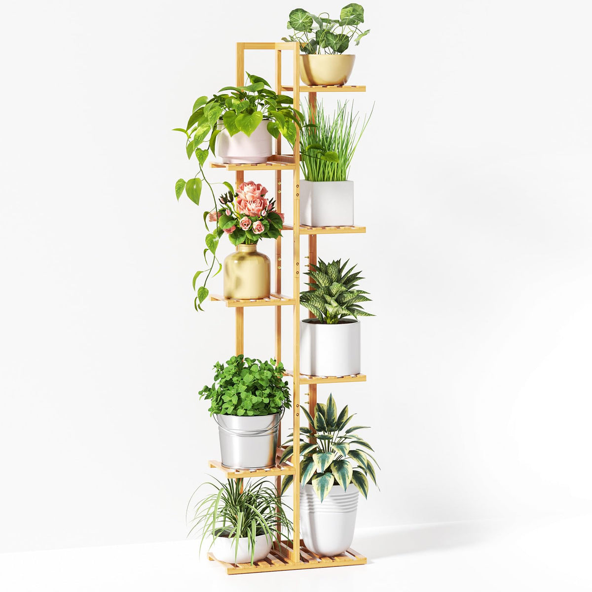 ROSSNY 55-inch bamboo plant stand front view showing eight pots for space-saving display