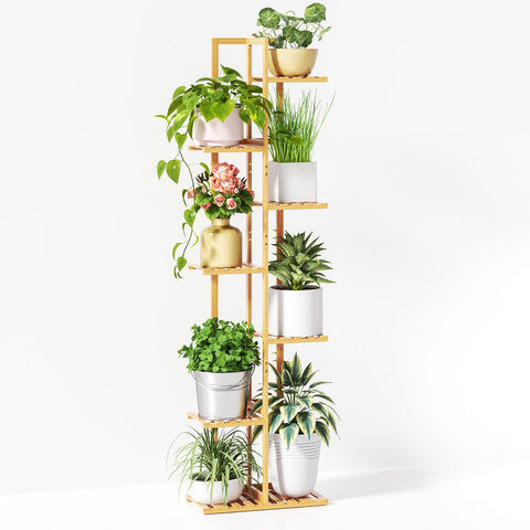 ROSSNY 55-inch bamboo plant stand front view showing eight pots for space-saving display