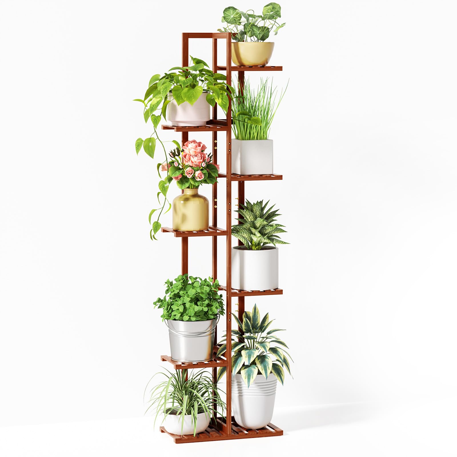 ROSSNY 55-inch bamboo plant stand with seven tiers for eight indoor pots in a cozy corner.