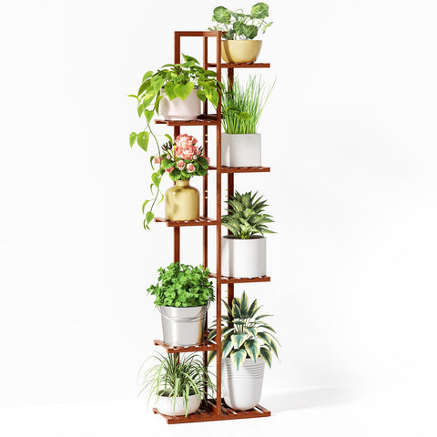 ROSSNY 55-inch bamboo plant stand with seven tiers for eight indoor pots in a cozy corner.