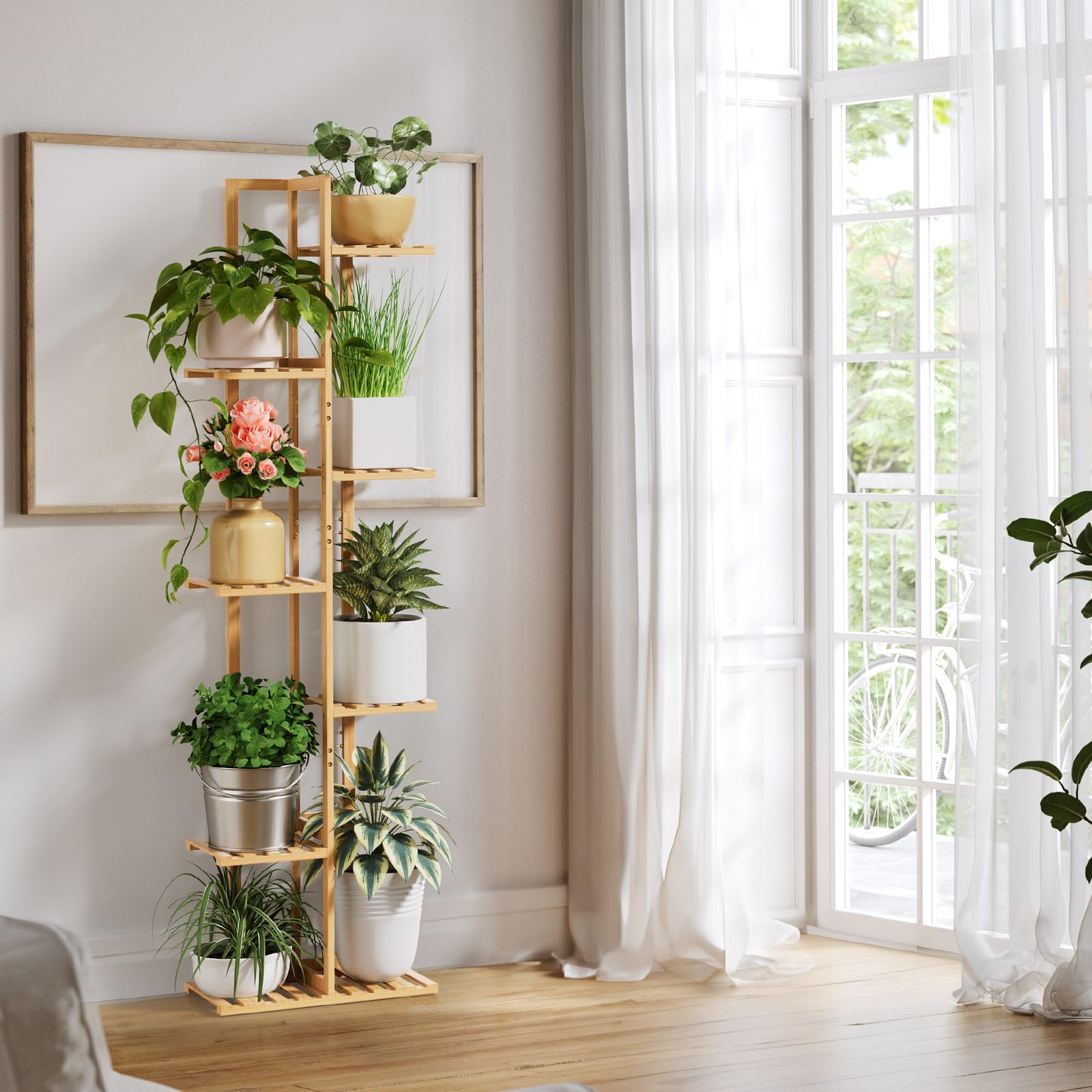 ROSSNY seven-tier bamboo rack showcasing lifestyle-ready plant display