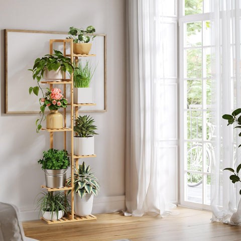 ROSSNY seven-tier bamboo rack showcasing lifestyle-ready plant display