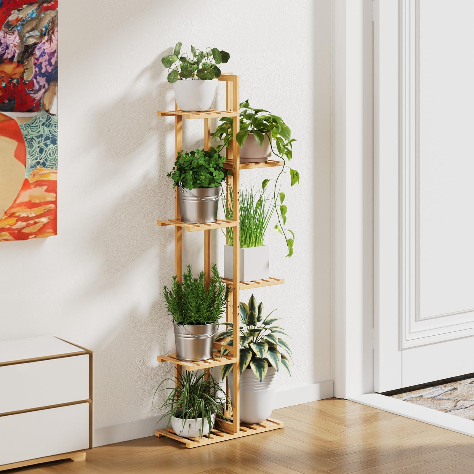 ROSSNY corner display plant stand fits neatly in living room.