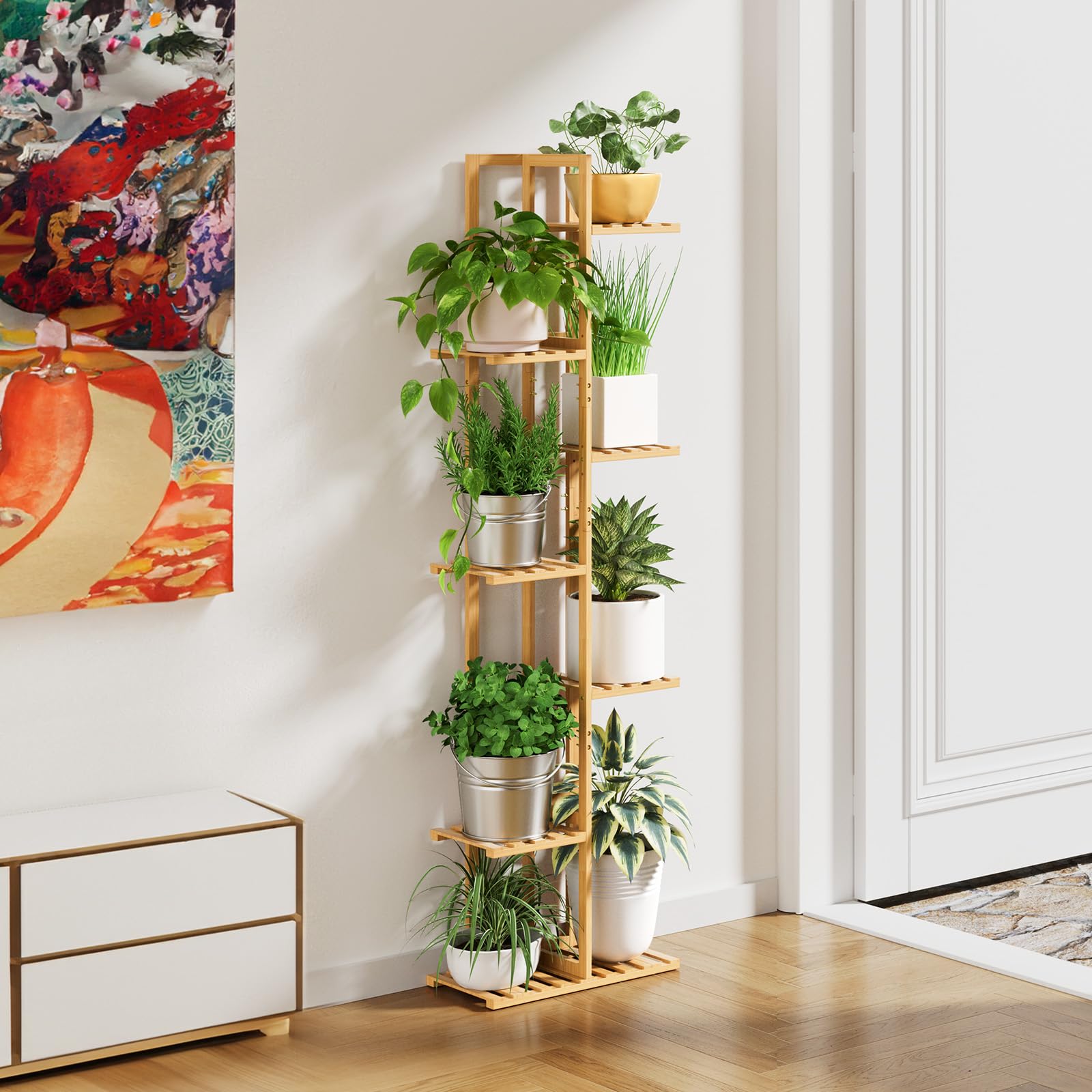 ROSSNY corner plant stand placed in a cozy nook for indoor greenery