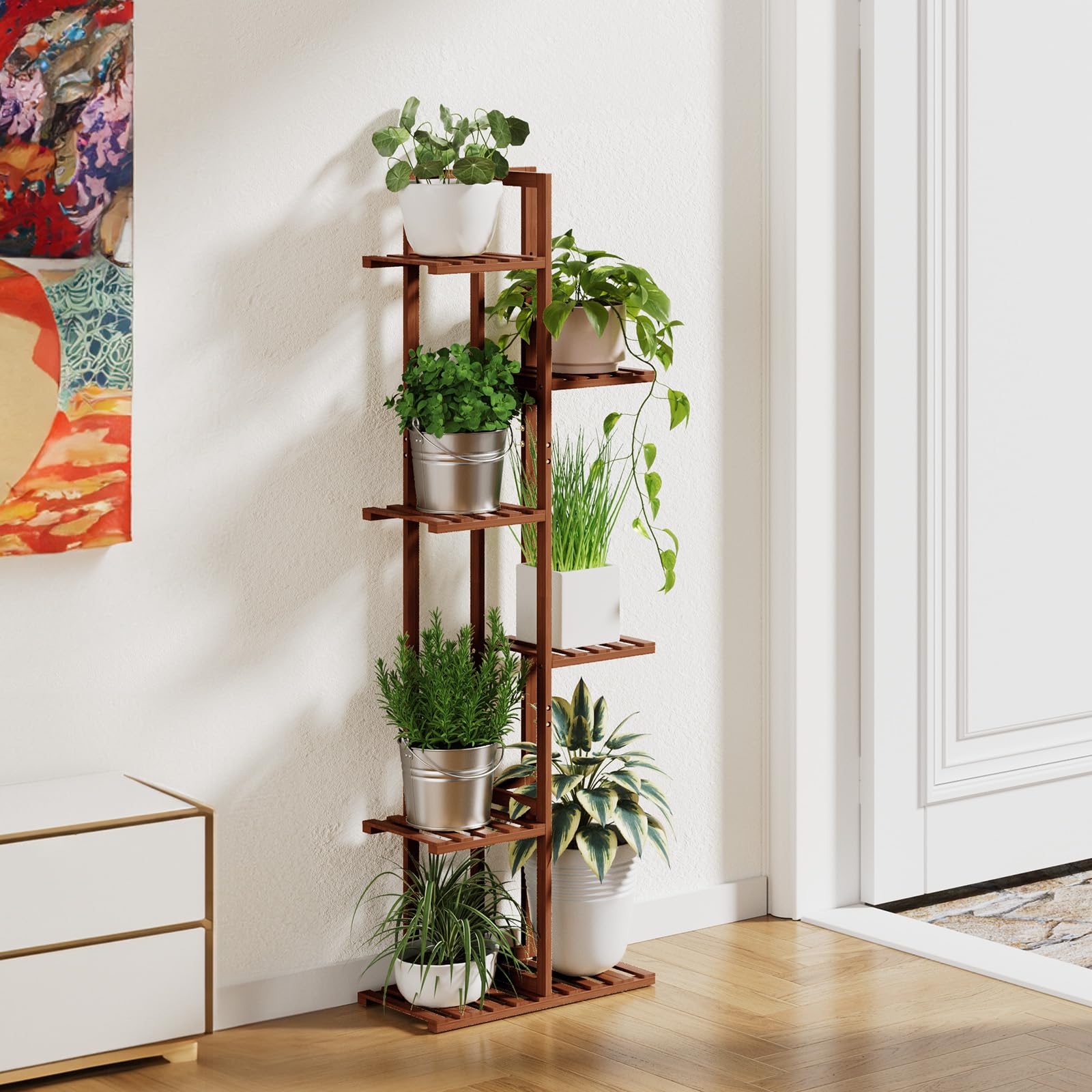 ROSSNY indoor plant shelf fits neatly in a corner, freeing floor space.