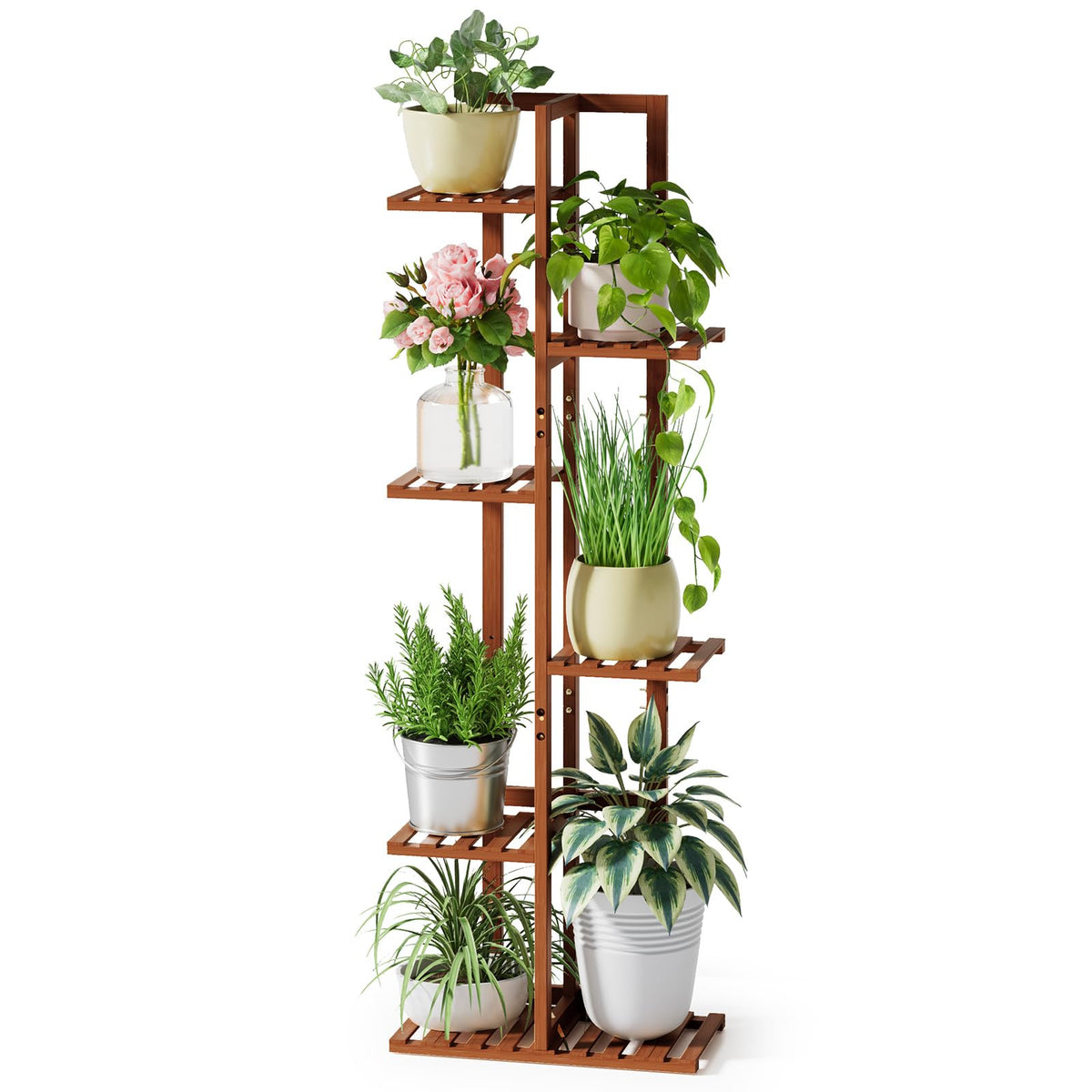 ROSSNY 6-tier plant stand holds seven pots, ideal for organizing a living room display.