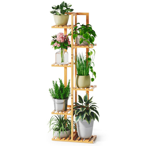 ROSSNY 6-tier plant stand assembly guide in natural bamboo.