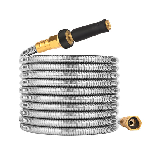Rosy Earth expandable hose 50ft in use for flexible watering around the garden