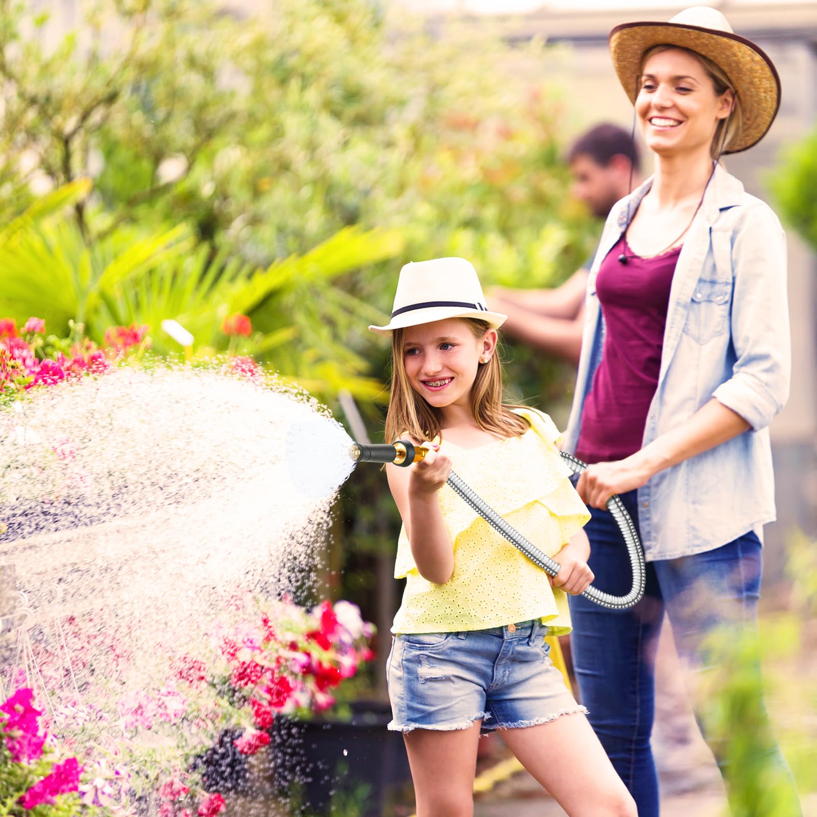 Rosy Earth metal garden hose 200 ft leak-proof fittings with stabilizing rings.
