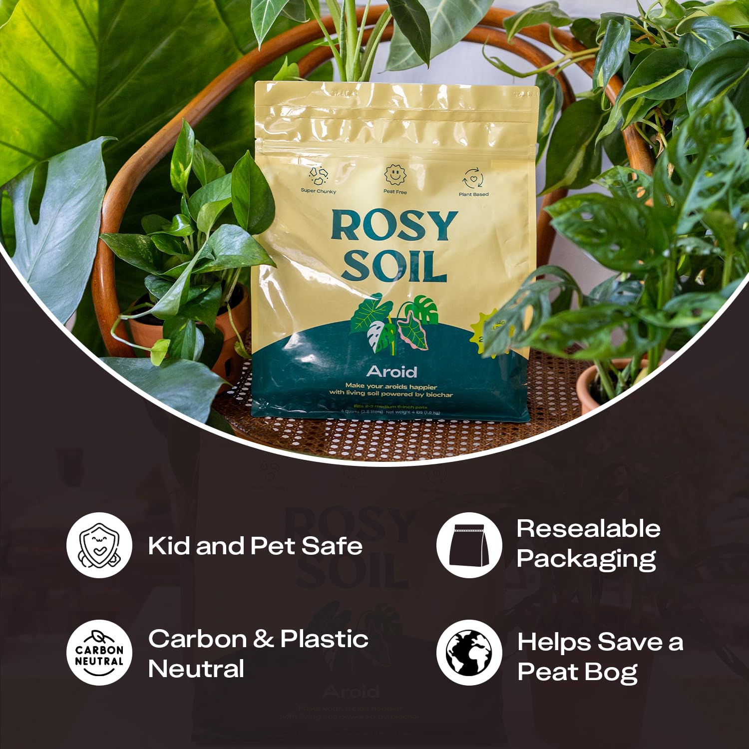 Rosy Soil Aroid mix supports indoor plant health with better root oxygen.
