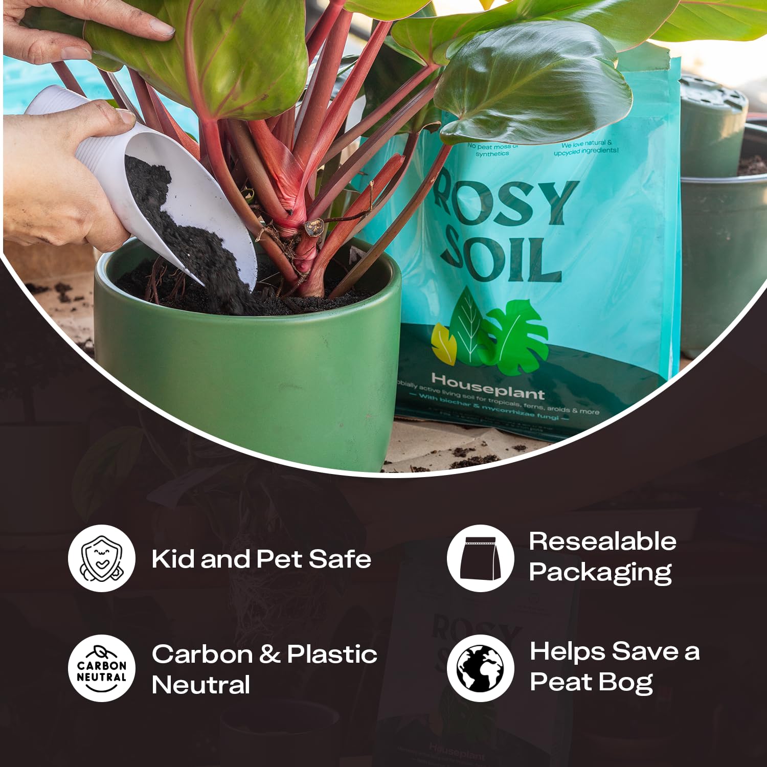 Rosy Soil balanced-moisture-drainage ensures better water control for potted plants.