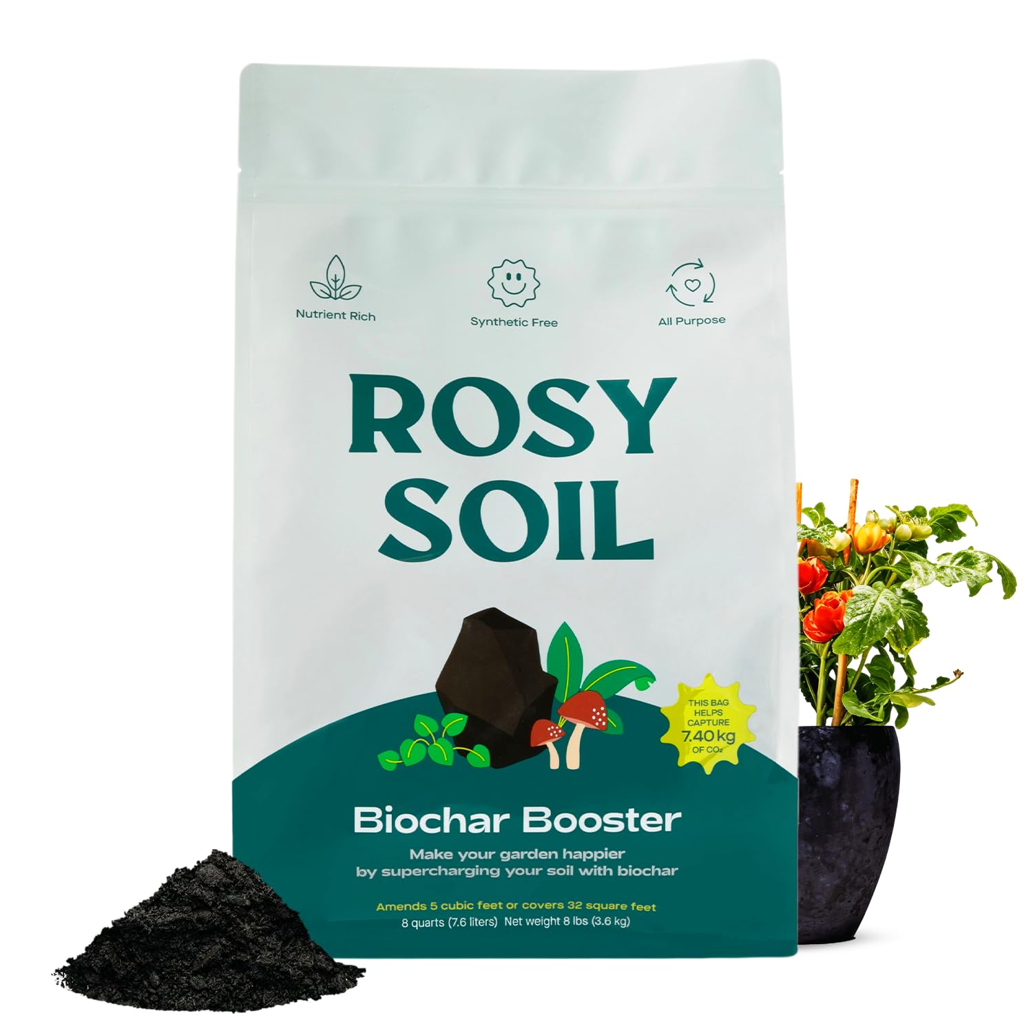 Rosy Soil Biochar Booster bag-front with eco-friendly packaging for sustainable gardening.