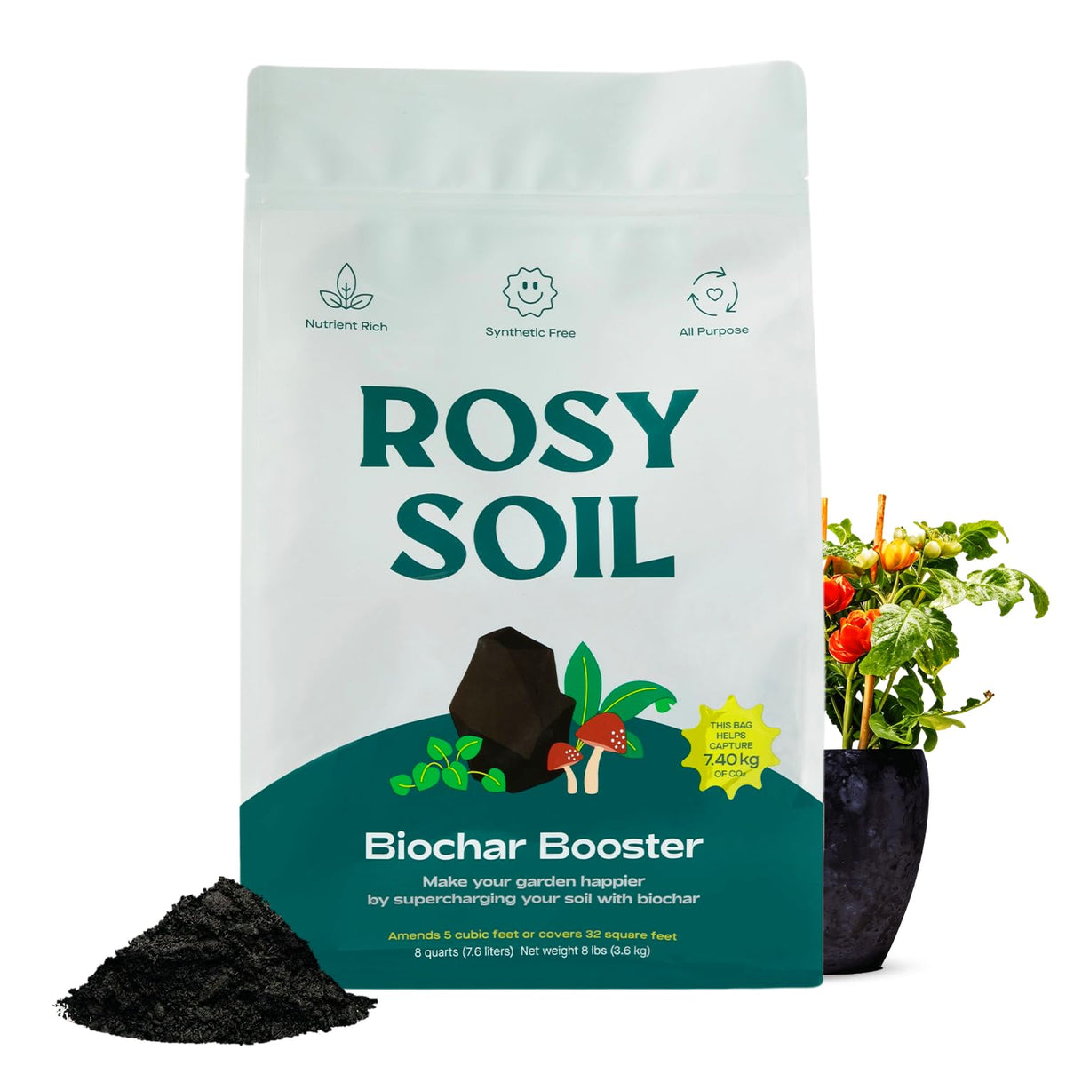 Rosy Soil Biochar Booster bag-front with eco-friendly packaging for sustainable gardening.