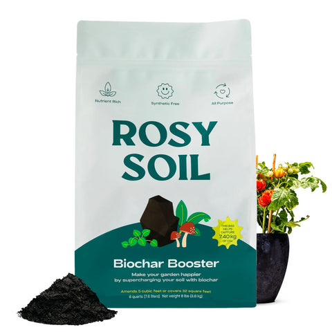 Rosy Soil Biochar Booster bag-front with eco-friendly packaging for sustainable gardening.