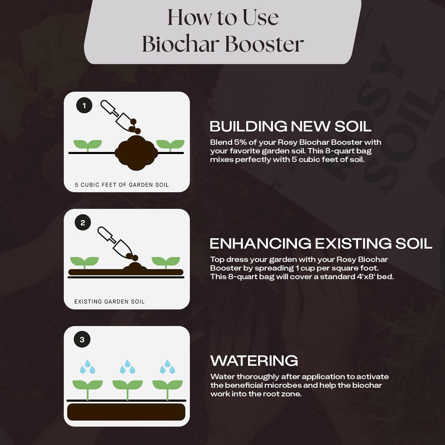 Rosy Soil Biochar Booster eco-packaging emphasizes recycled materials and lower footprint.