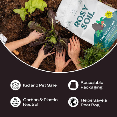 Rosy Soil Biochar Booster made-in-usa badge signals domestic production quality.