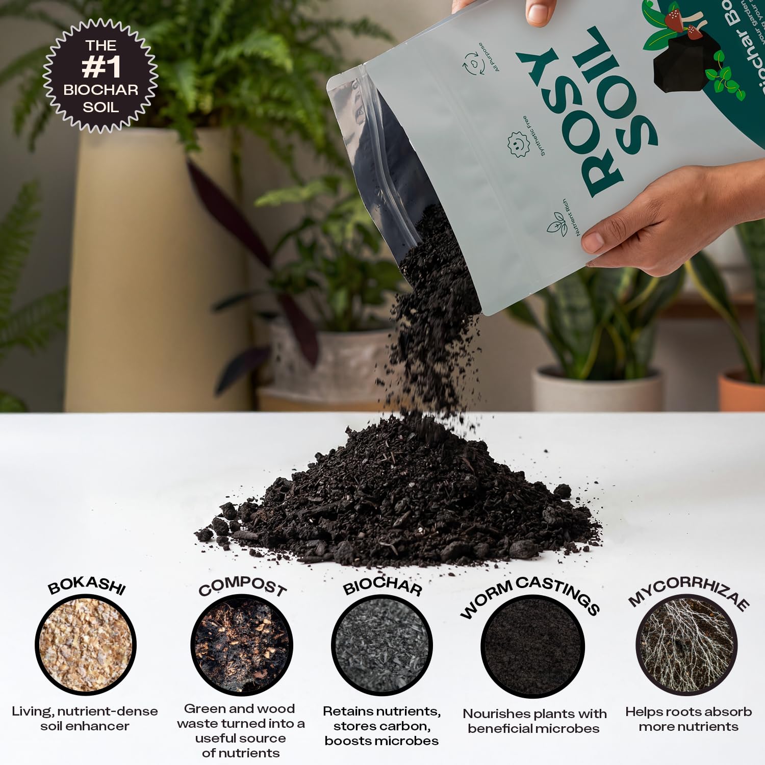 Rosy Soil Biochar Booster moisture-retention image demonstrates improved water retention.