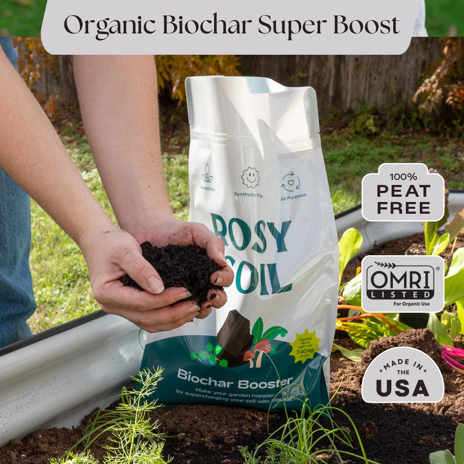 Rosy Soil Biochar Booster soil-amendment-application shows simple mixing for thriving soil.