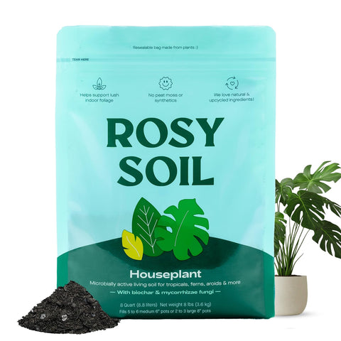 Rosy Soil biochar potting mix for strong root growth and lush foliage.