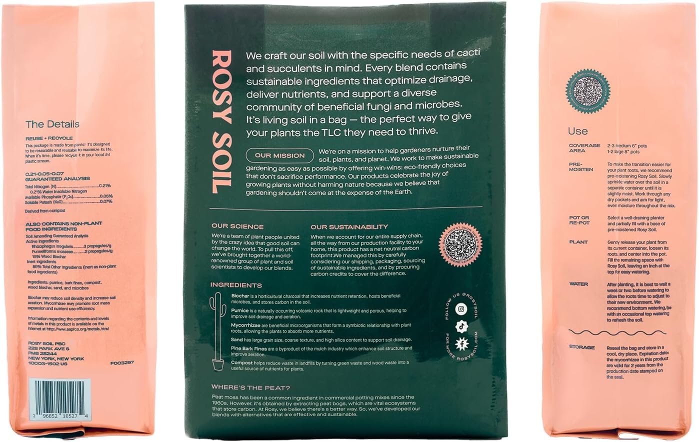 Rosy Soil four-quart bag provides enough soil for 2-3 plants.