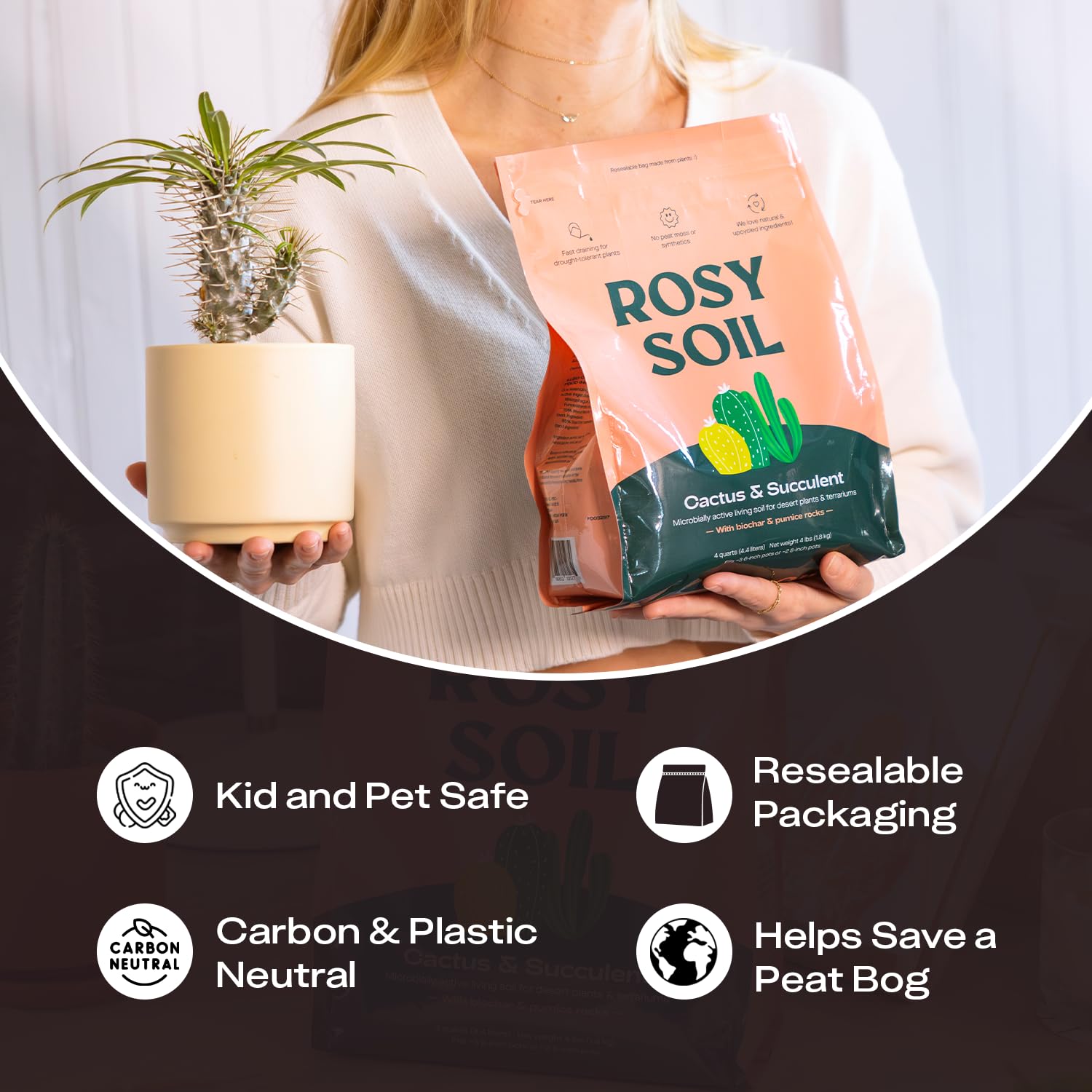 Rosy Soil made in USA with living soil and nutrients for healthy growth.