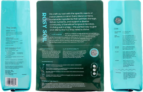 Rosy Soil eight-quart bag for 4–6 plants.