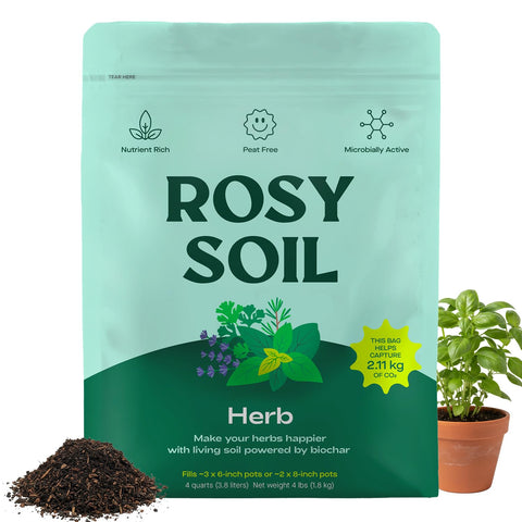 Rosy Soil Herb Mix bag front highlighting peat-free formula for vibrant herbs