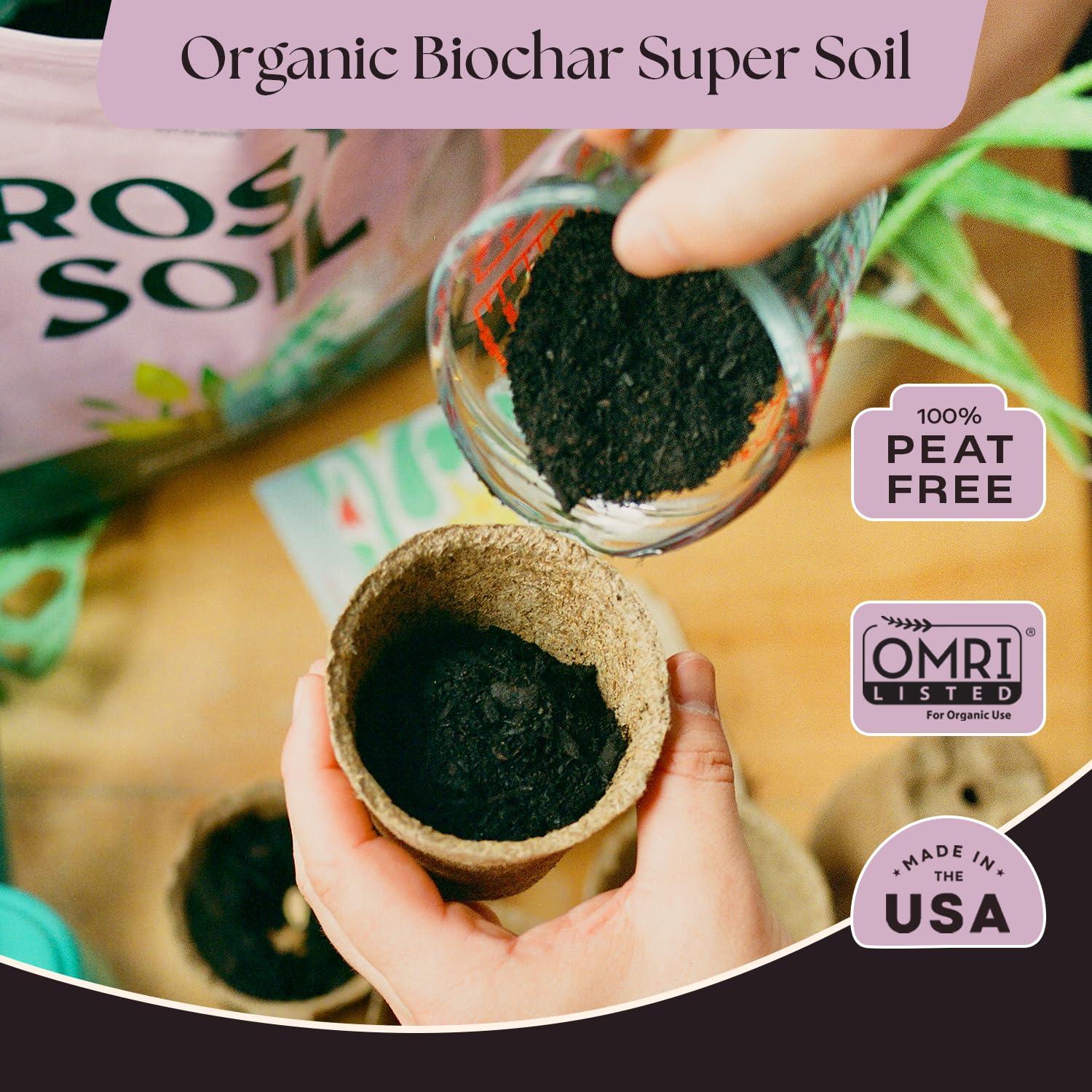 Rosy Soil peat-free mix texture demonstrates airy consistency for drainage.