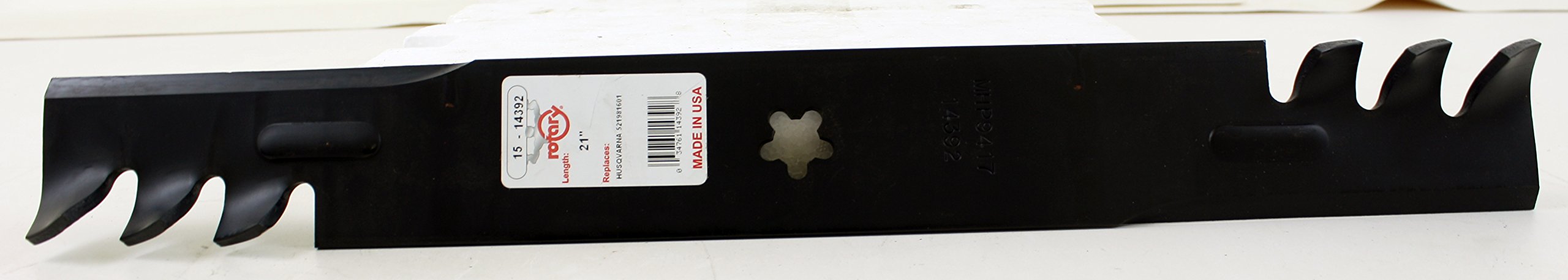 Rotary 14392 5-point star CH blades close-up for secure mounting and mulching.