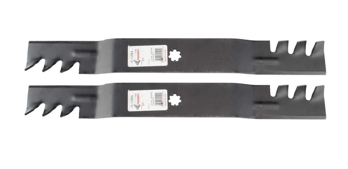 Rotary Copperhead blades in box for John Deere 42-inch deck; easy replacement.
