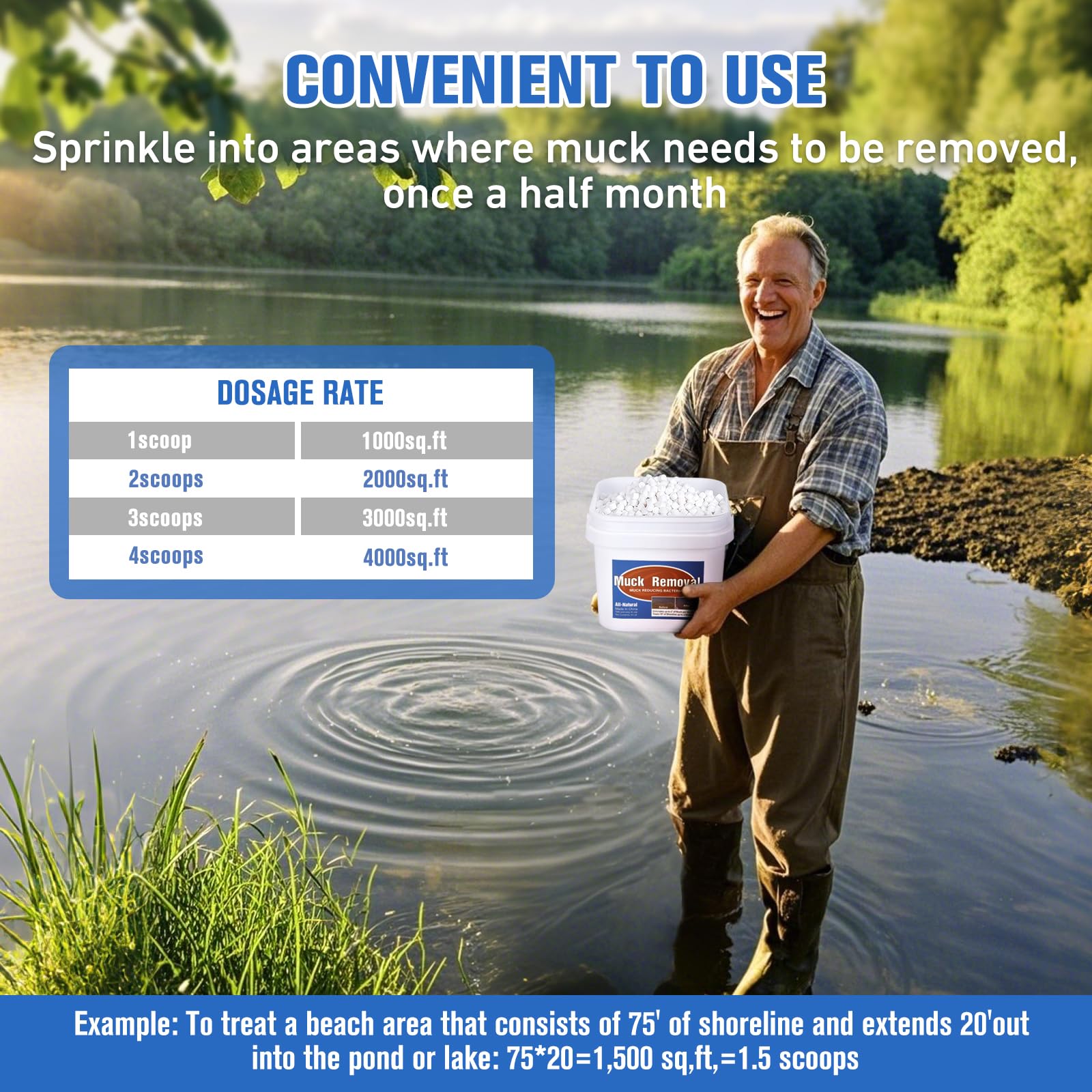 ROTIAH pond cleaner bottle pouring into water for easy application