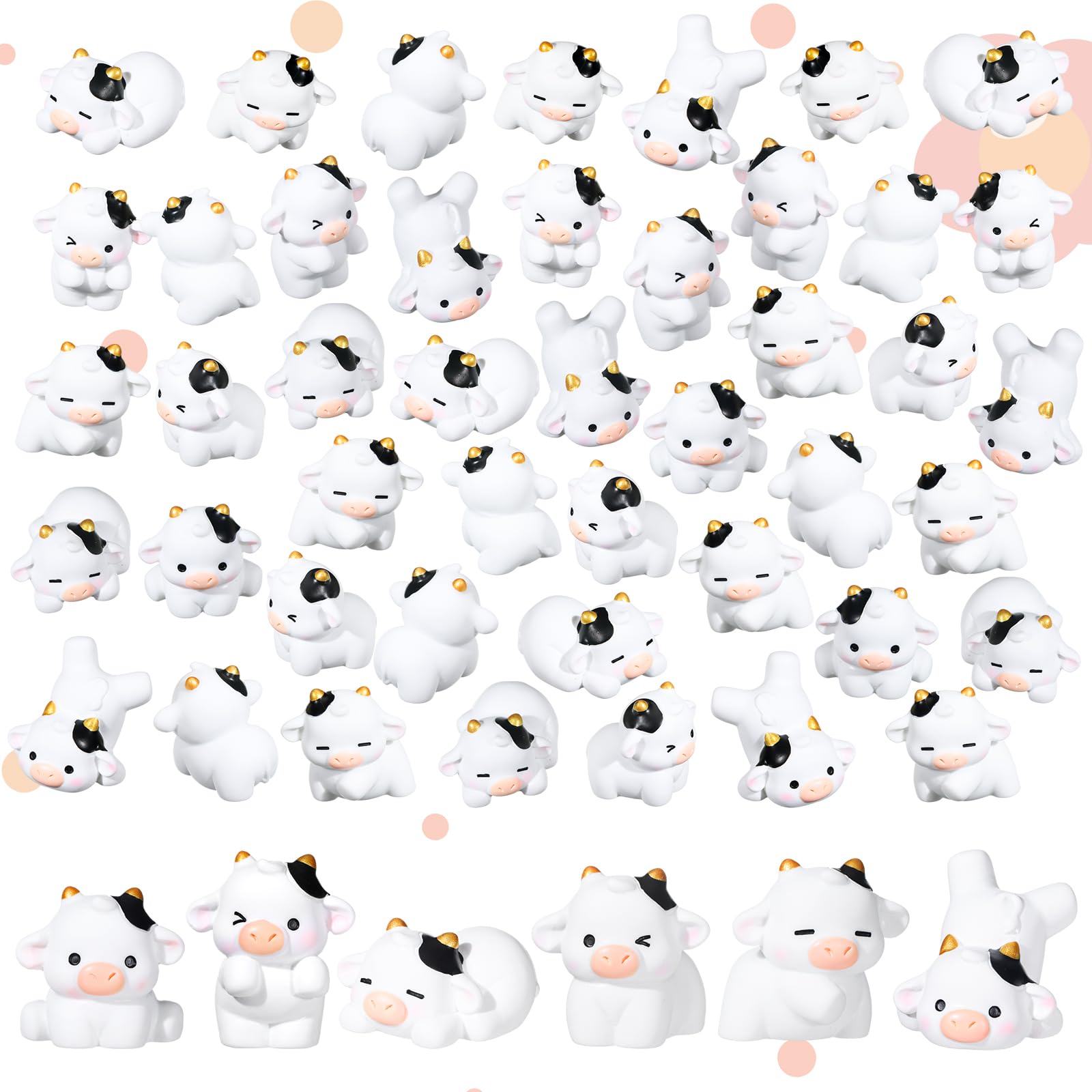 RoundFunny 48-pc mini cow figurines set in white and black for DIY garden decor.