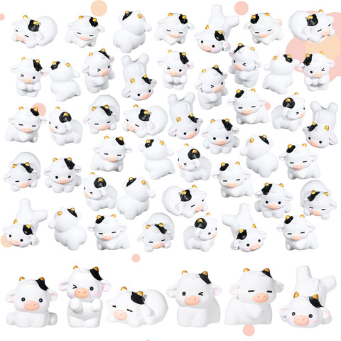 RoundFunny 48-pc mini cow figurines set in white and black for DIY garden decor.
