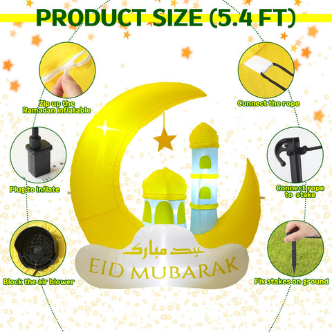 RoundFunny Eid Mubarak sign inflatable boosts festive curb appeal after dark.