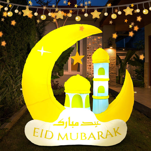 RoundFunny Ramadan inflatable for Eid parties with ground stakes and ropes.