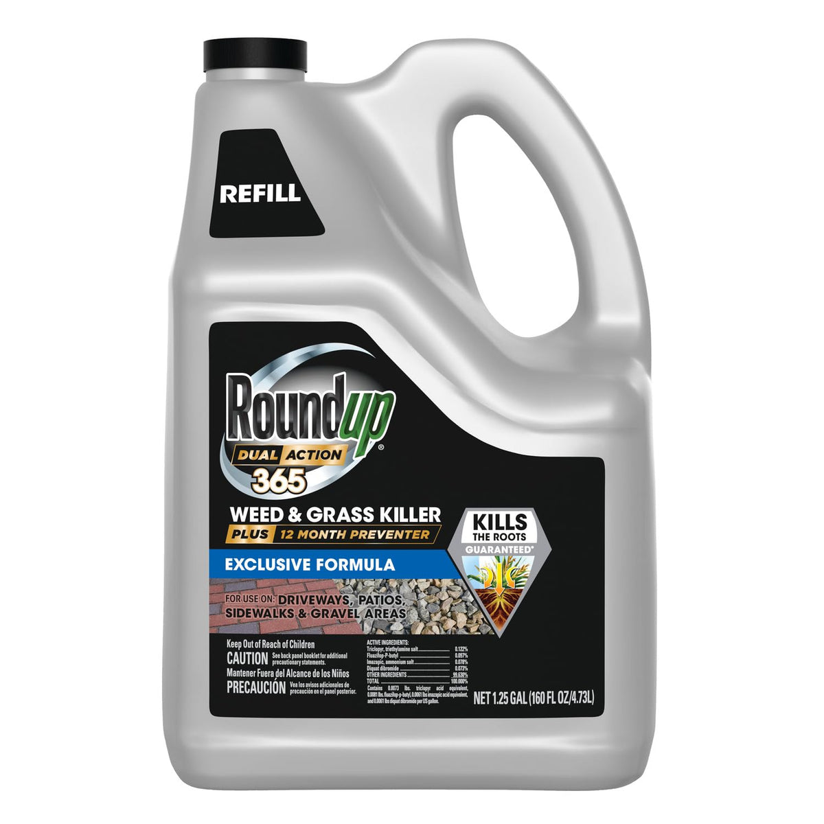 Roundup Dual Action 365 bottle pour demonstrates easy driveway application.