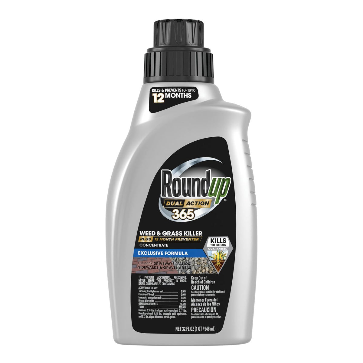 Roundup Dual Action 365 bottle for concentrated weed control in outdoor spaces