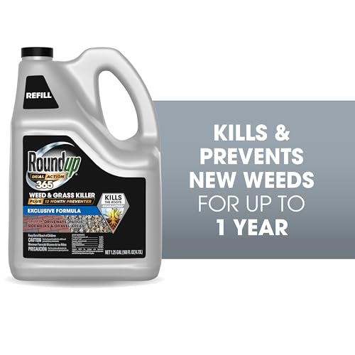 Roundup Dual Action 365 spray application shown on concrete surface.