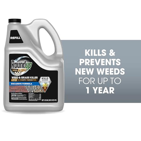 Roundup Dual Action 365 spray application shown on concrete surface.