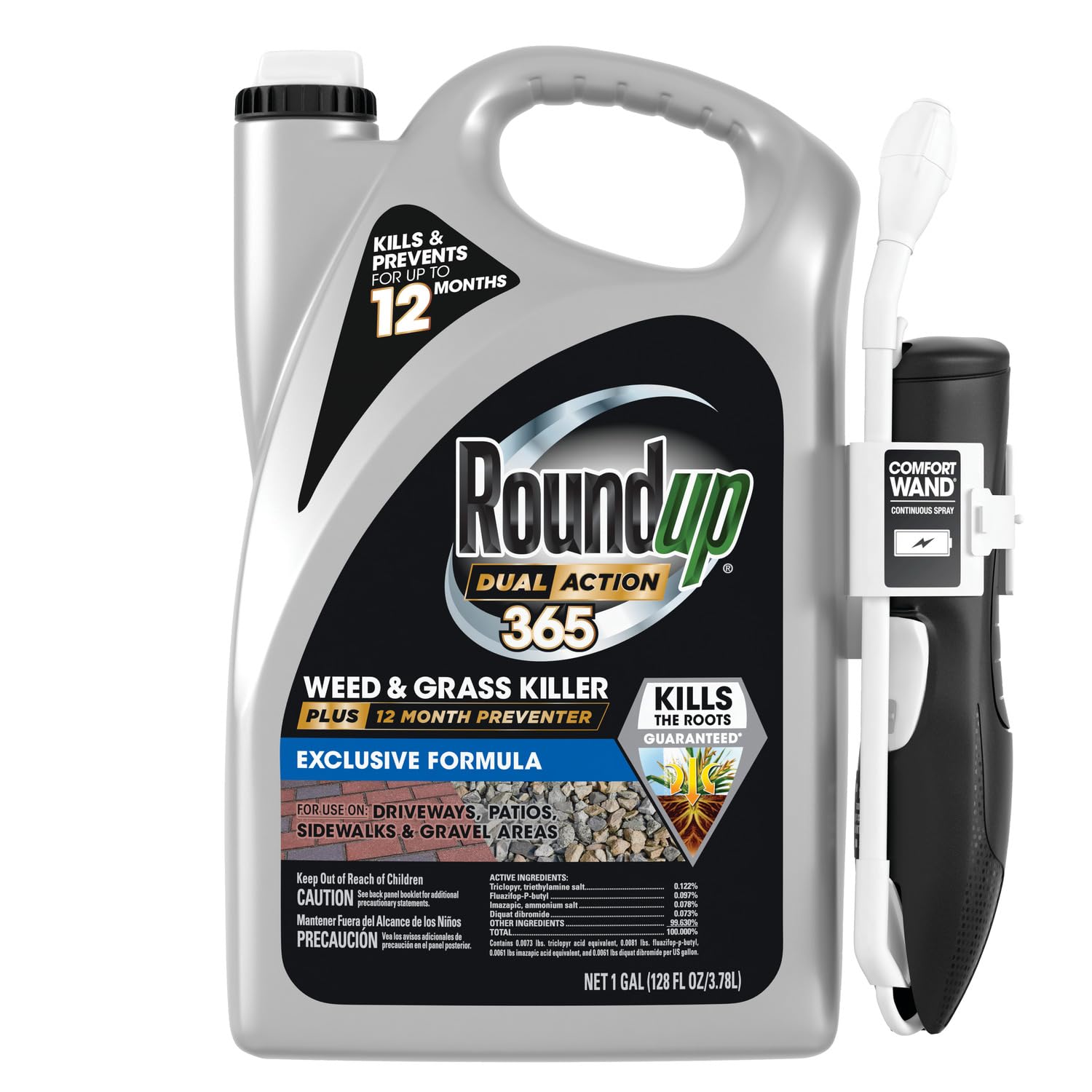 Roundup Dual Action 365 targets cracks and crevices with Comfort Wand for lasting weed control.